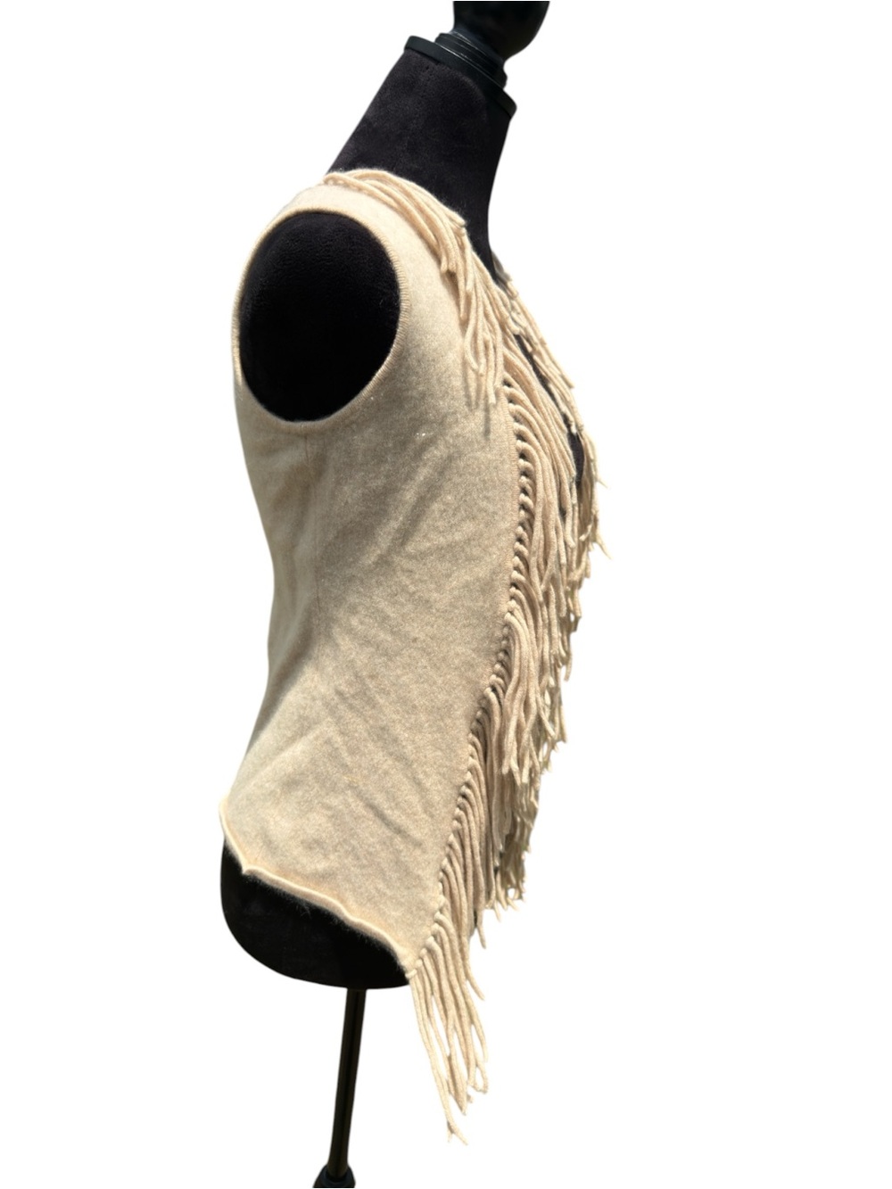 Minnie Rose 100% Cashmere Fringe Vest XS Cream Oatmeal Quiet Luxury Boho - Picture 4 of 10